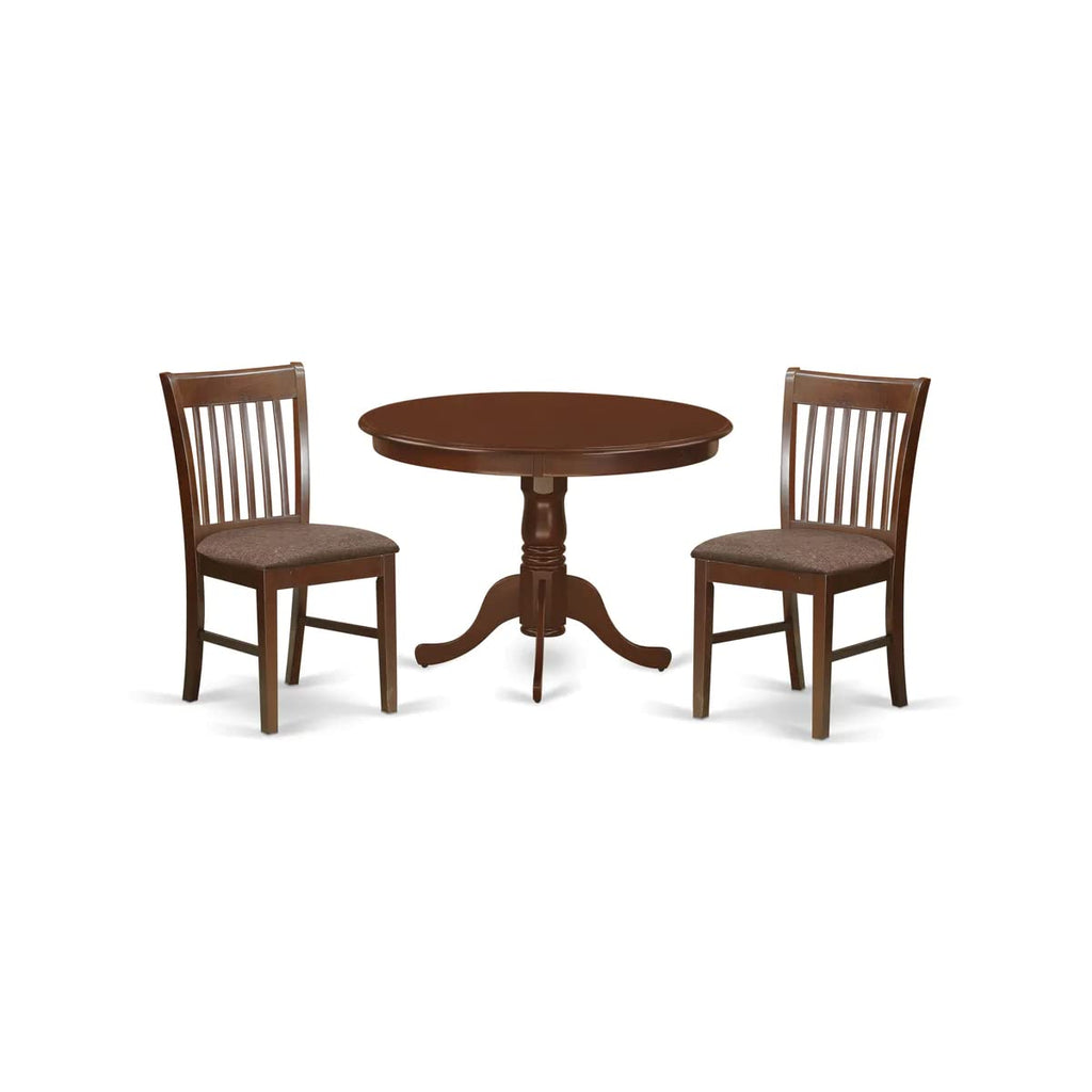 East West Furniture HLNO3-MAH-C 3 Piece Modern Dining Table Set Contains a Round Wooden Table with Pedestal and 2 Linen Fabric Upholstered Dining Chairs, 42x42 Inch, Mahogany