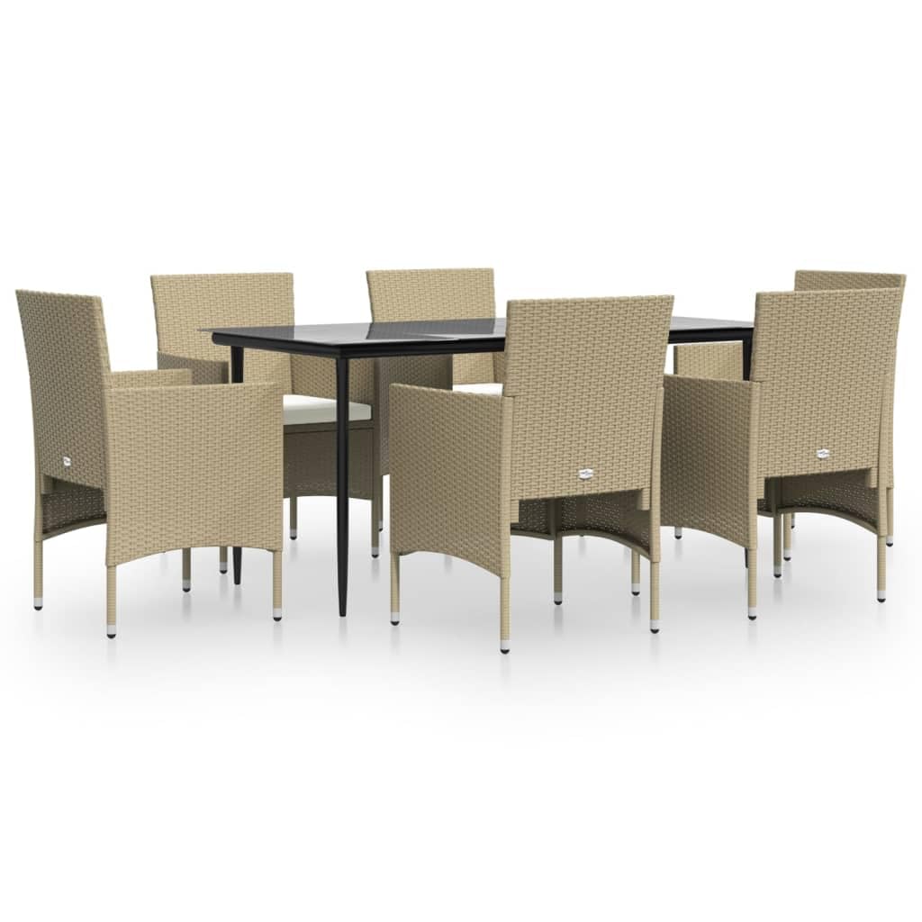 vidaXL 7-Piece Patio Dining Set, Beige and Black Poly Rattan with Steel Frame and Tempered Glass Tabletop, Outdoor Garden and Patio Furniture with Cushions
