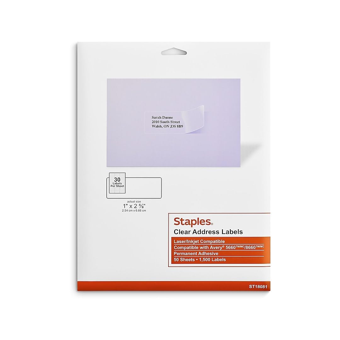 Staples 573950 Laser/Inkjet Address Labels 1-Inch X 2 5/8-Inch Clear 30 Labels/Sheet