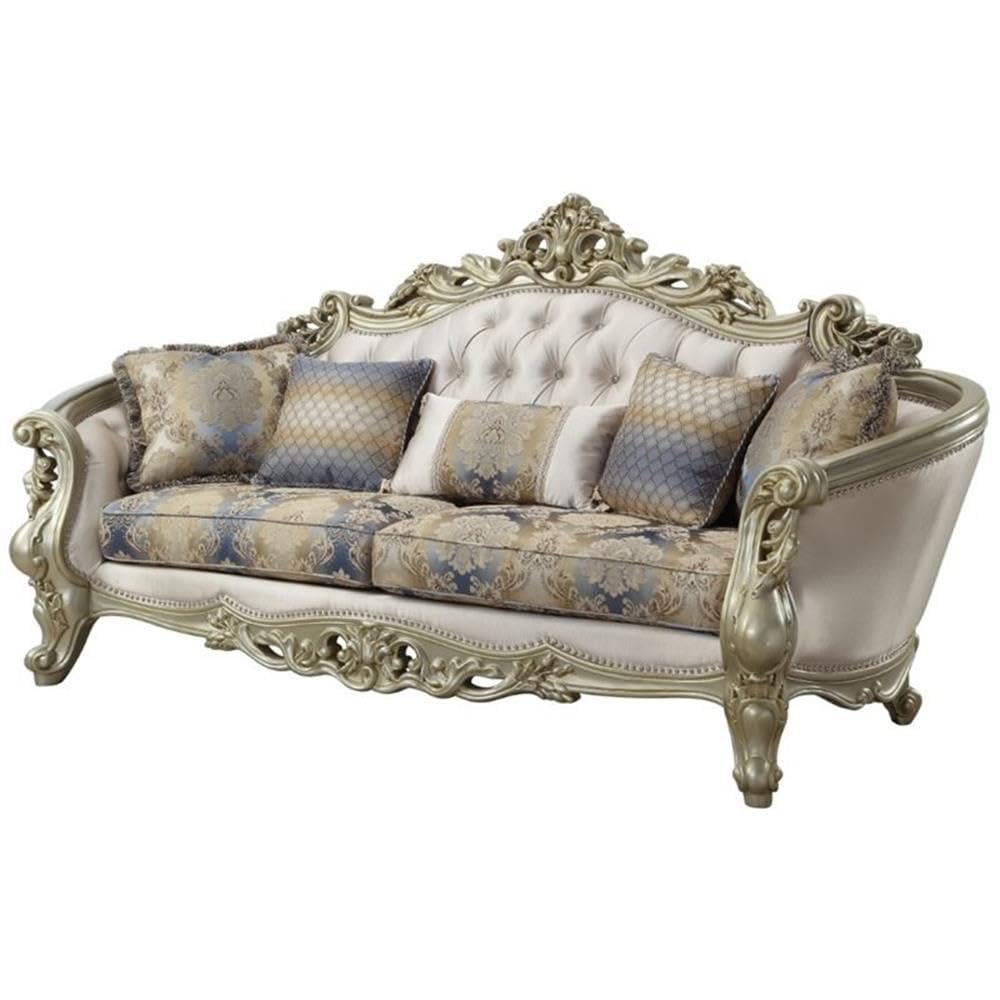 Acme Gorsedd Sofa with 5 Pillows in Cream Fabric and Golden Ivory