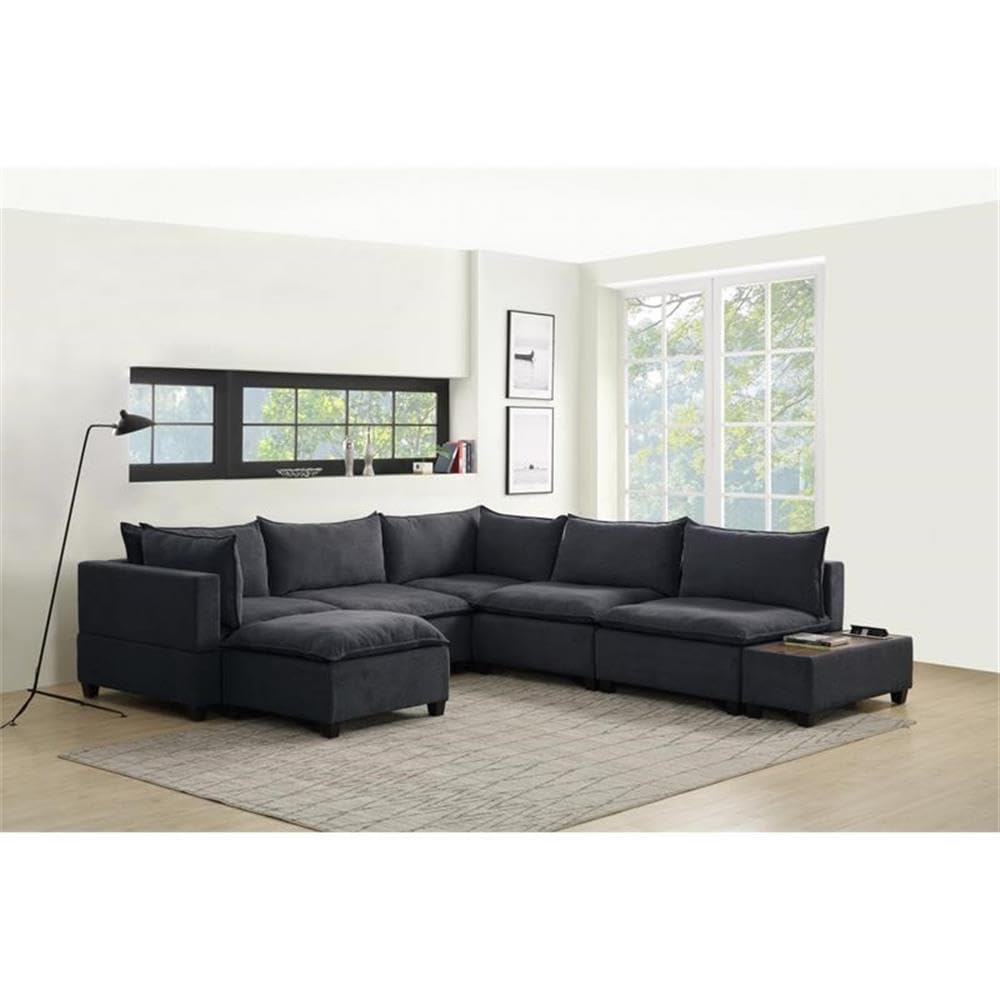 Lilola Home Madison Dark Gray Fabric 7 Piece Modular Sectional Sofa Chaise with USB Storage Console Table