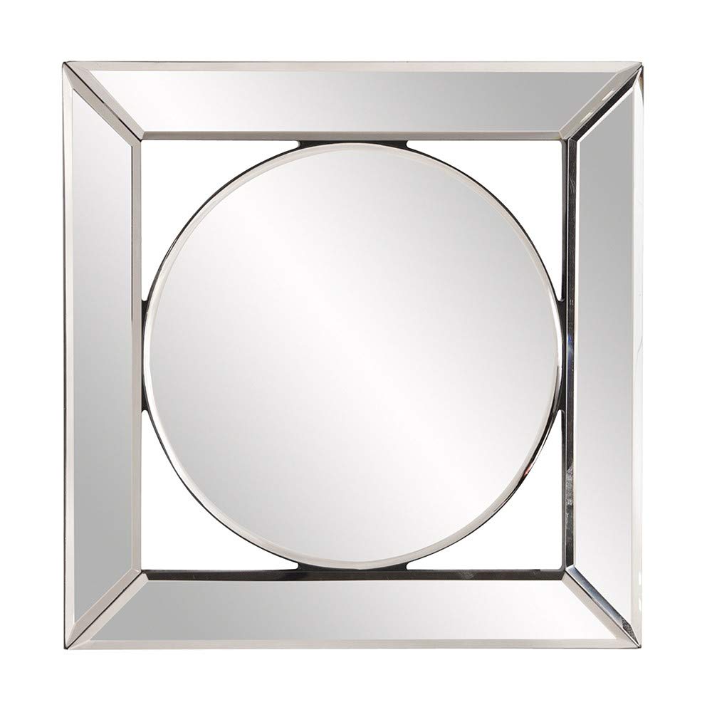 HomeRoots Mirrored Glass, Wood Square Mirror with Center Round Mirror