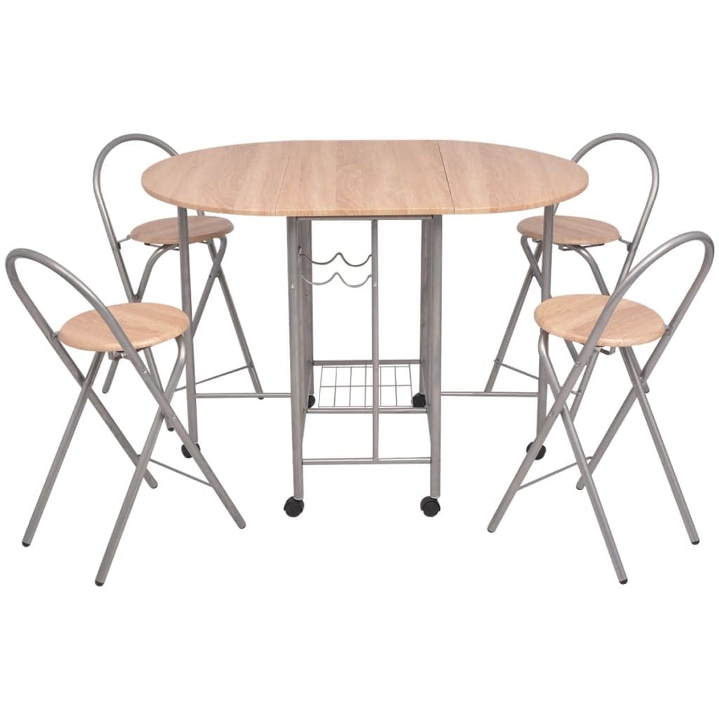 vidaXL Five Piece Folding Dining Set - Compact Movable Kitchen Furniture - Oak and Silver Color - Durable MDF and Iron