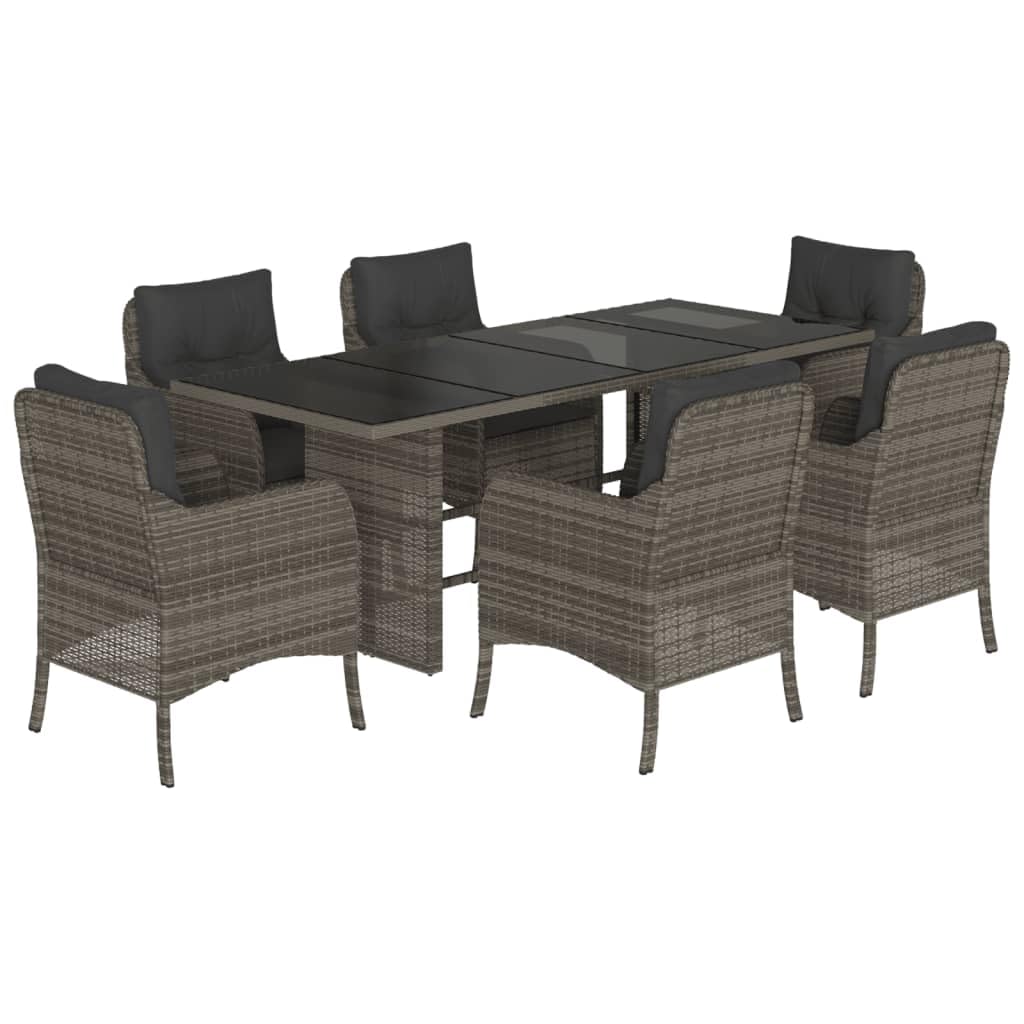 vidaXL 7 Piece Patio Dining Set – Outdoor Gray PE Rattan Furniture with Cushions and Tempered Glass Table for Garden, Backyard, and Patio