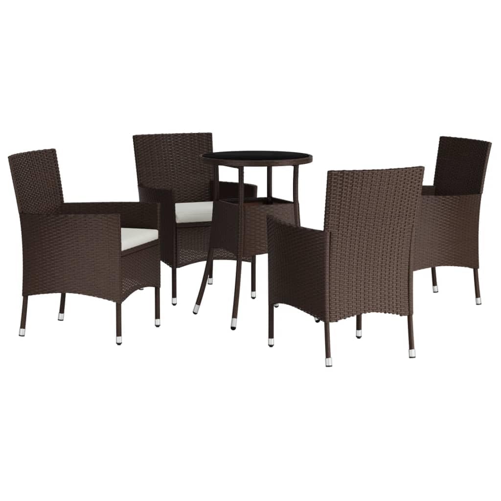 Vidaxl 5-Piece Poly Rattan Bistro Set – Brown Patio Furniture With Cushions, Comfortable Armrests, Powder-Coated Steel Frame, And Tempered Glass Tabletop For Outdoor Use