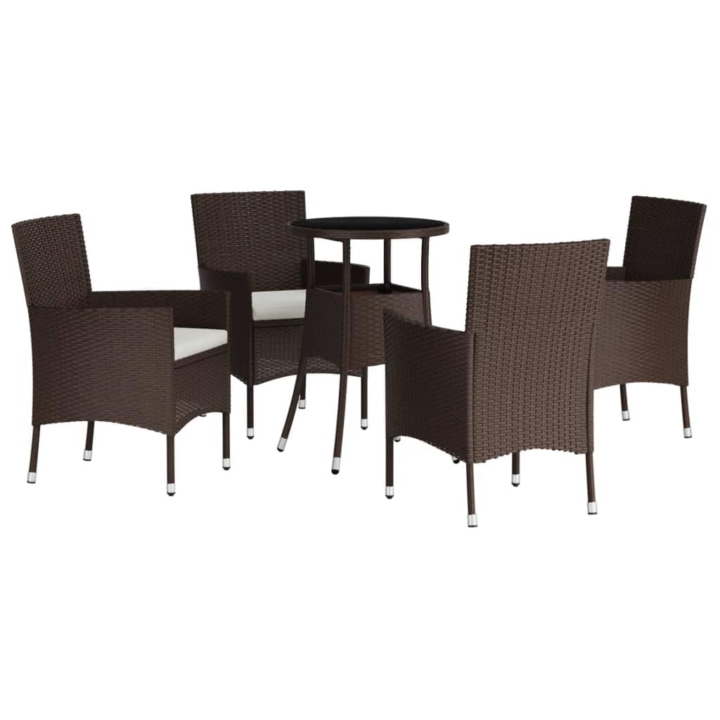 vidaXL 5-Piece Poly Rattan Bistro Set - Brown Patio Furniture with Cushions, Comfortable Armrests, Powder-Coated Steel Frame, an
