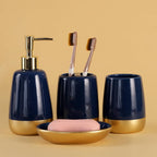 Navy Blue Gold Luxury Bathroom Accessories Set 4 Pieces,Vanity Countertop Ceramic Accessory Set For Bathroom Decor With Soap Dis