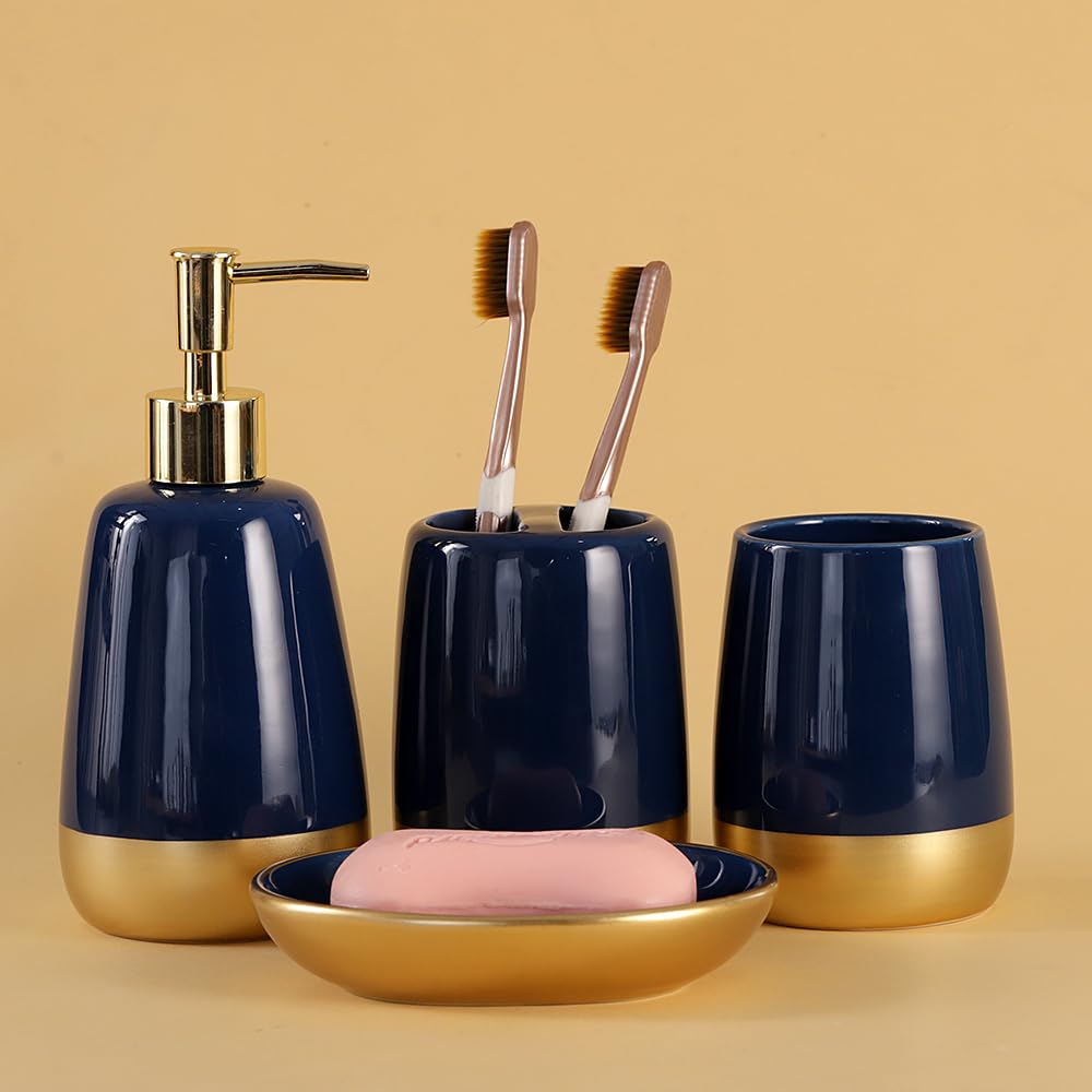 Navy Blue Gold Luxury Bathroom Accessories Set 4 Pieces,Vanity Countertop Ceramic Accessory Set For Bathroom Decor With Soap Dis