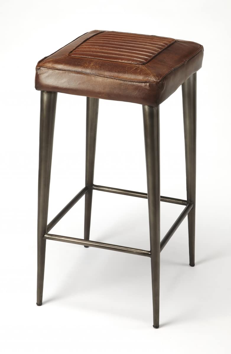 HomeRoots Dark Brown Iron, Leather Brown Leather Bar Stool