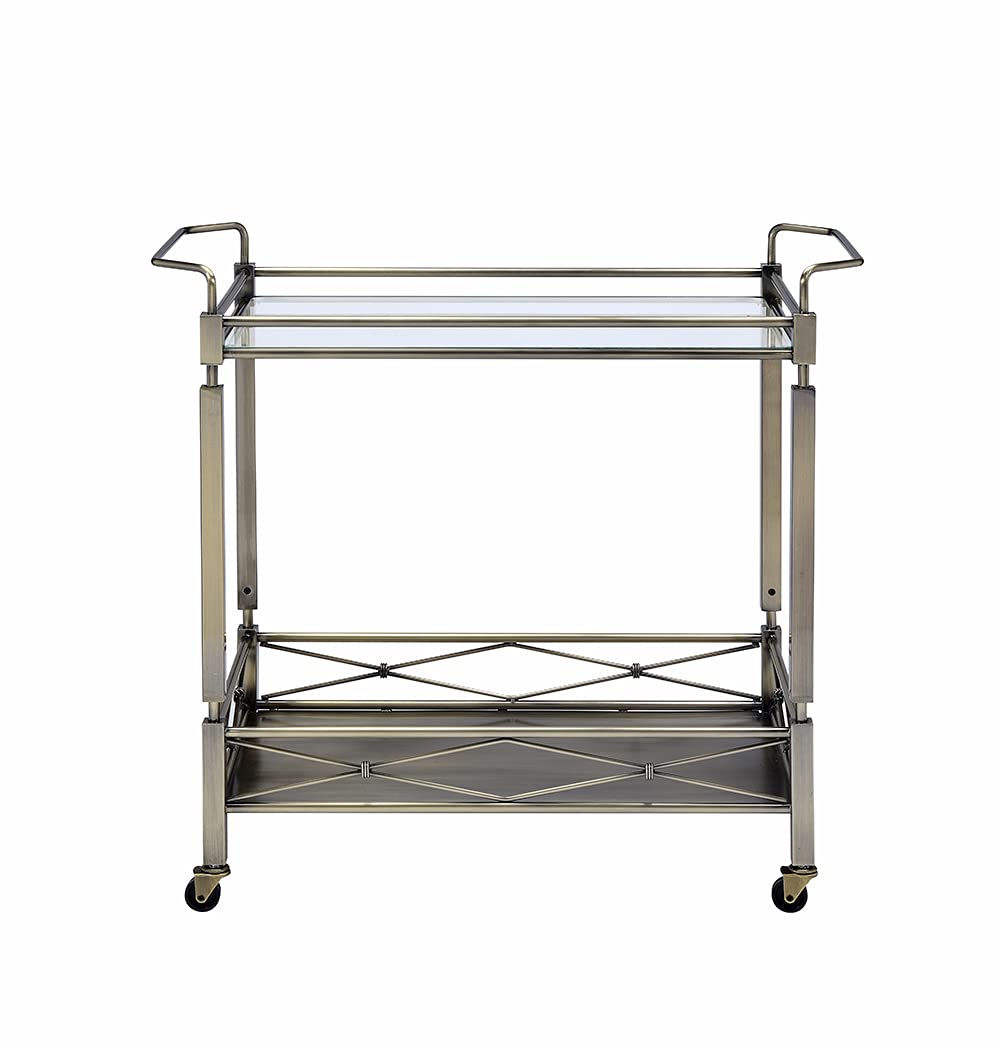 HomeRoots Metal, Glass 32' X 16' X 30' Antique Brass Metal Serving Cart