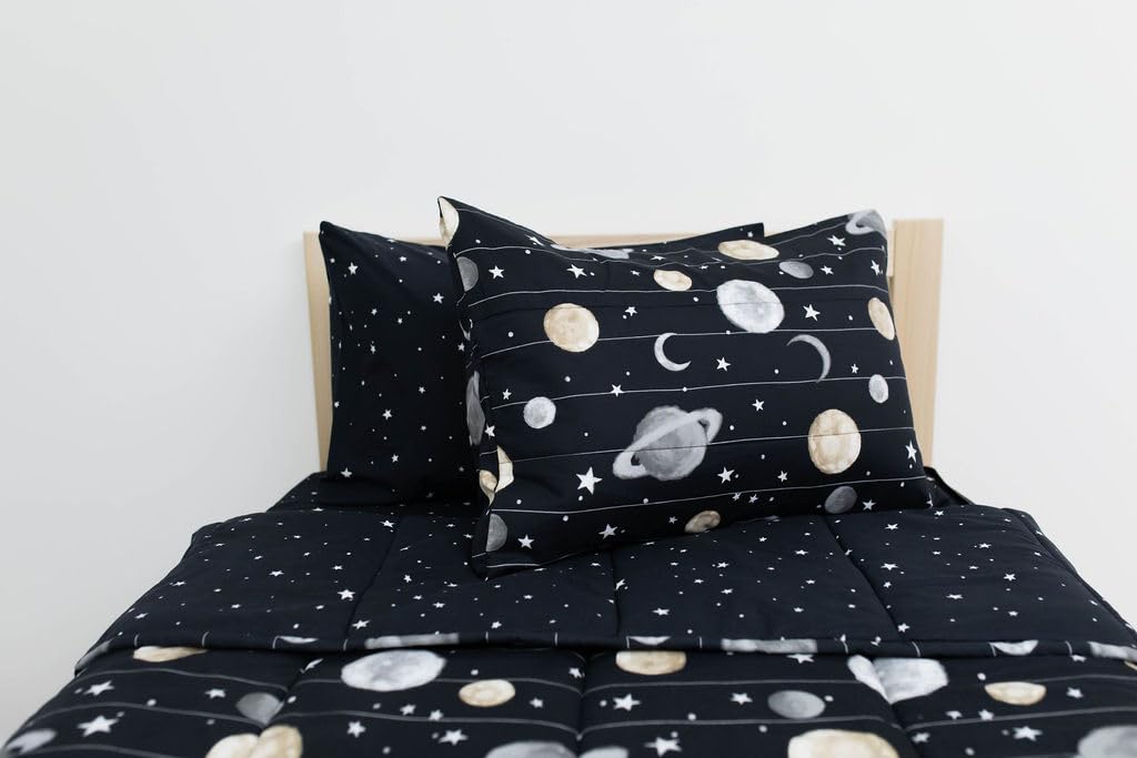 Beddy's Twin Zipper Bedding Set - Outer Space Theme - Black Polyester - Includes Pillowcase & Sham