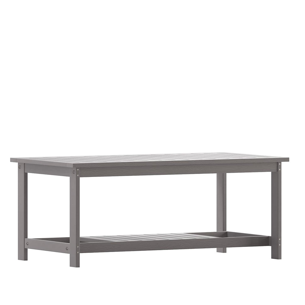 Flash Furniture Charlestown Two Tiered Commercial Grade Adirondack Coffee Table - Gray Finish Poly Resin Wood - All-Weather - Slatted Shelf Design,Grey