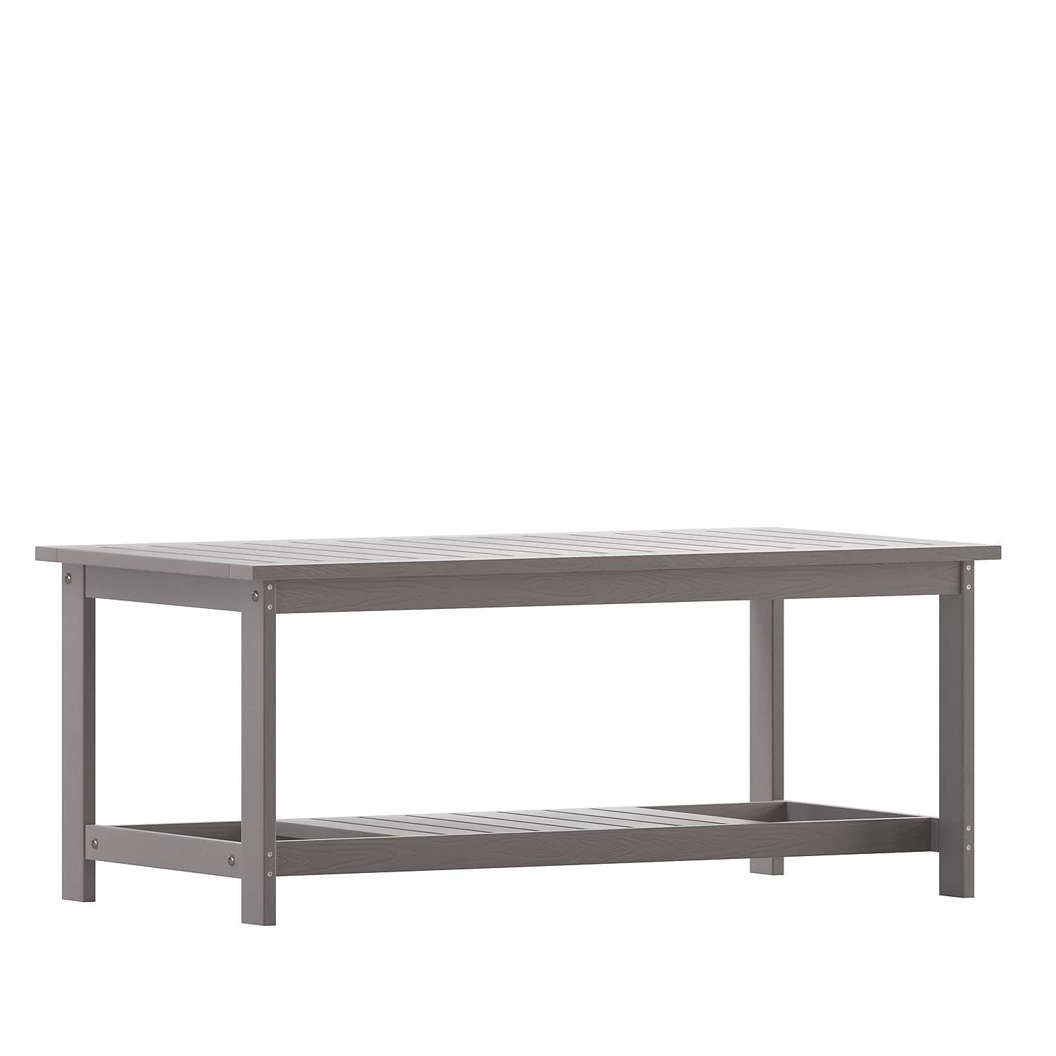 Flash Furniture Charlestown Two Tiered Commercial Grade Adirondack Coffee Table - Gray Finish Poly Resin Wood - All-Weather - Slatted Shelf Design,Grey