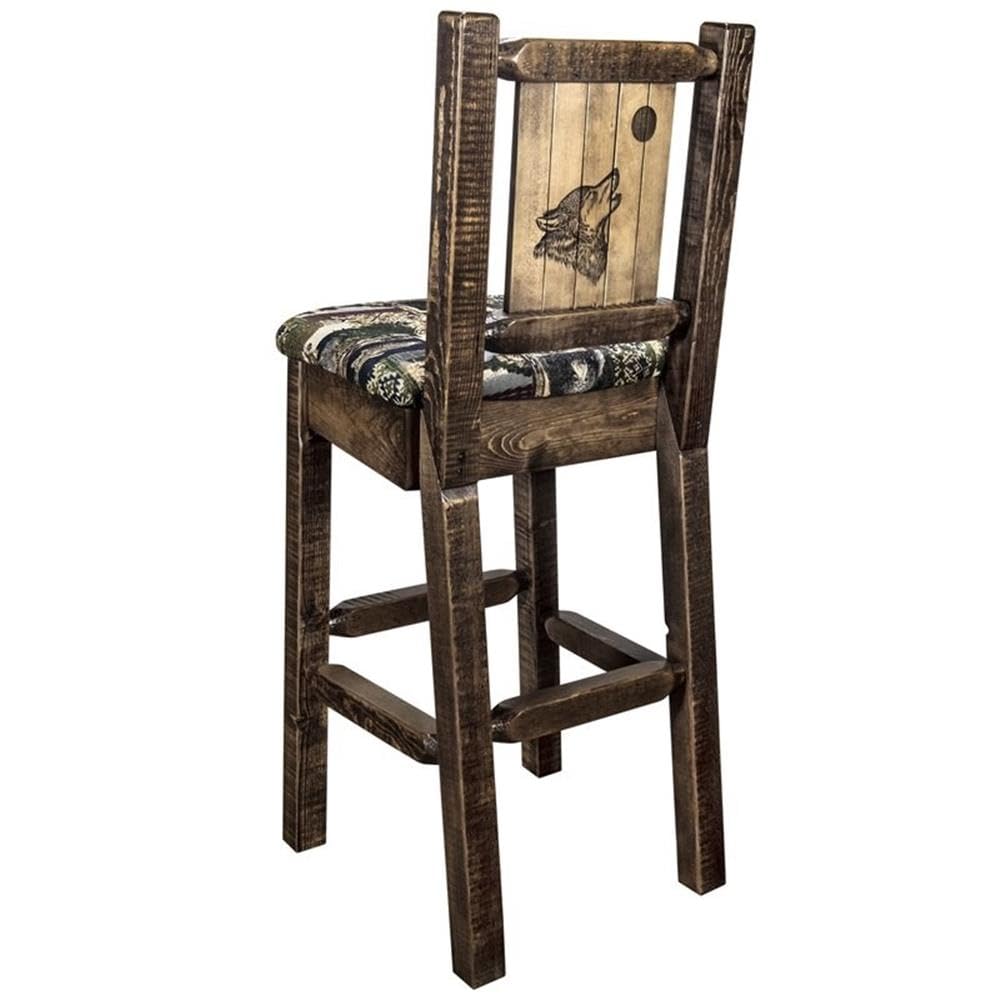 Montana Woodworks Homestead Collection Counter Height Barstool with Upholstered Seat, Woodland Pattern, Laser Engraved Wolf Design, Stained & Lacquered