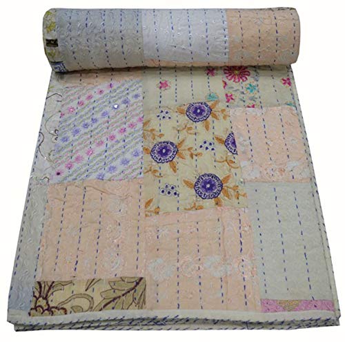 Yuvancrafts Indian Vintage Patchwork Kantha Quilt Pure Cotton Traditional Quilt Blanket Bedspreads Throw Gudari