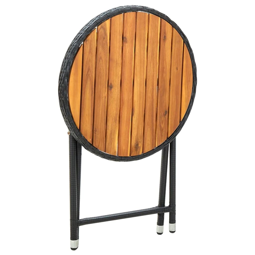 vidaXL - Black Poly Rattan Outdoor Tea Table with Solid Acacia Wood Top - 23.6" Diameter, UV-Resistant, Foldable, Assembly Required.