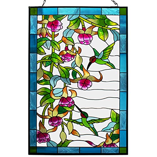 Vewogarden W10Xh15 Inch Hummingbird Stained Glass Window Hangings, Suncatcher Panel With Chain For Wall Or Windows