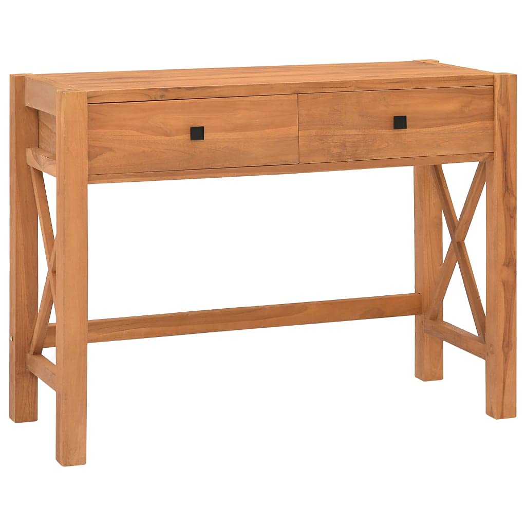 vidaXL Teak Wood Desk for Home Office - Rustic Solid Wood Computer Desk/Console Table with 2 Drawers, Sturdy X-Leg Design, Unique Grain - 39.4&quot;x15.7&quot;x29.5&quot;