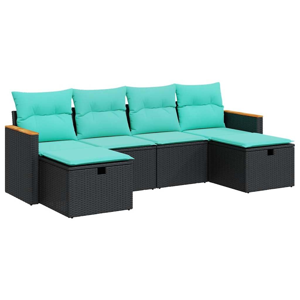 vidaXL 6-Piece Patio Sofa Set-Black Rattan/Steel - Outdoor Garden Terrace/Deck - Storage Seats - Blue Cushions