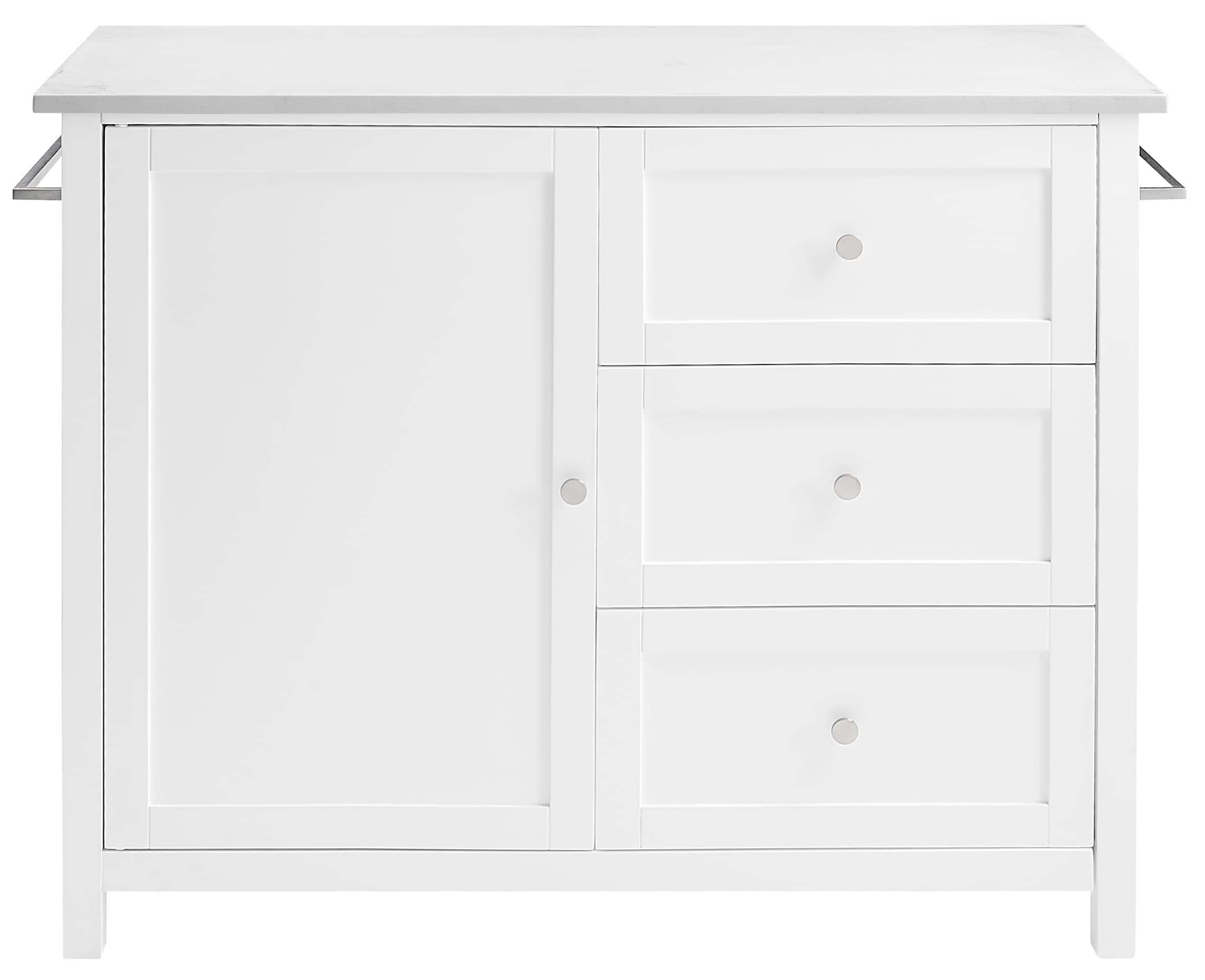 Crosley Furniture Soren Stone Top Rolling Kitchen Island Car, Microwave Stand, Coffee Bar, With Shelves, White