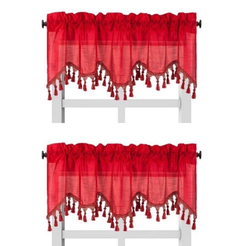 Solid Faux Silk Swag Waterfall Cascade Ascot Window Curtain Valance W/Tassels Trim 55' X18' Wave (2, Red)