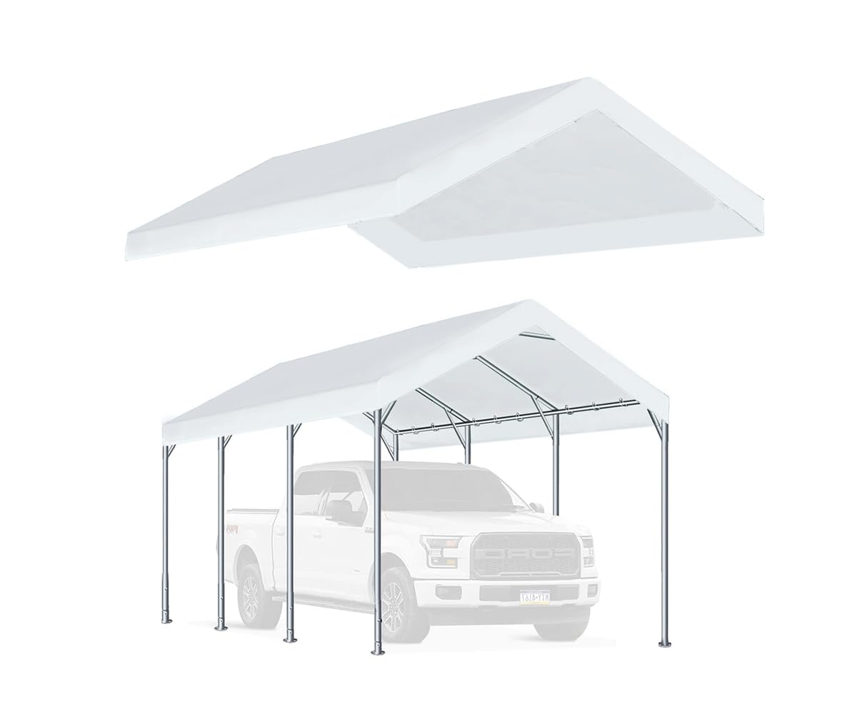 Rutile 12'X20' Carport Canopy Only Tent Garage Replacement Top Tarp Car Shelter Cover W/Ball Bungees Beige (Only Top Cover, Fram