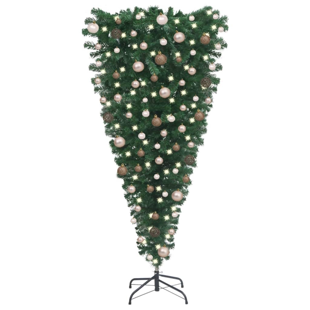 vidaXL Upside-Down Artificial Pre-lit Christmas Tree - Green with Rose Gold Balls, 94.5&quot; Height, 300 LED Lights, PVC, Adjustable Branches, Steel Stand, Eye-Catching Xmas Centerpiece.