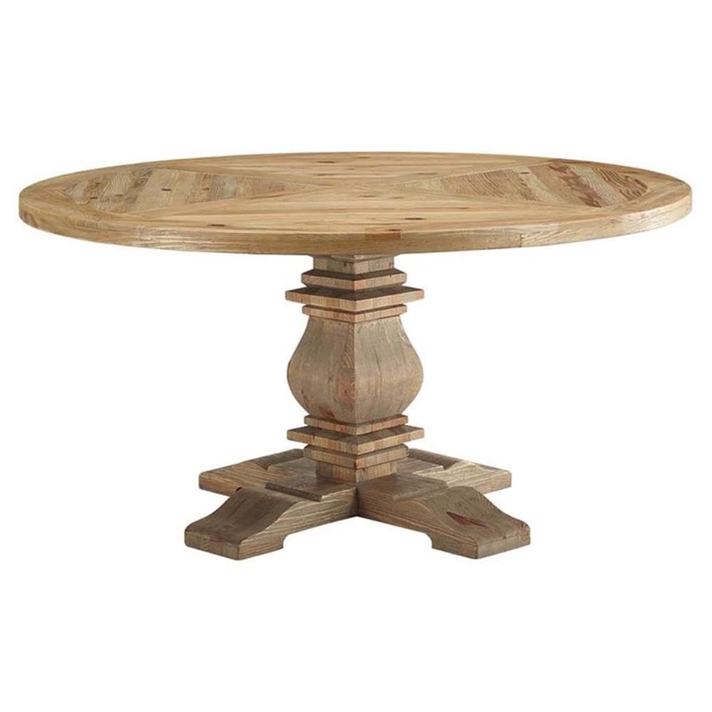 Modway Column 59&quot; Rustic Farmhouse Pine Wood Round Kitchen And Dining Room Table, Brown