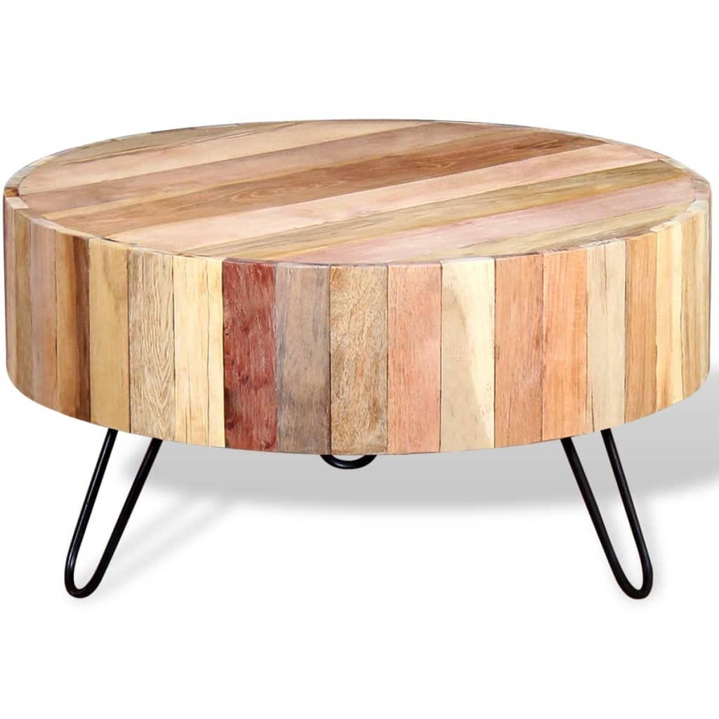 vidaXL Coffee Table with Iron Legs, Round Center Table for Living Room, Fully Handmade, 27.6''Fx15.0'', Solid Reclaimed Wood, Beige