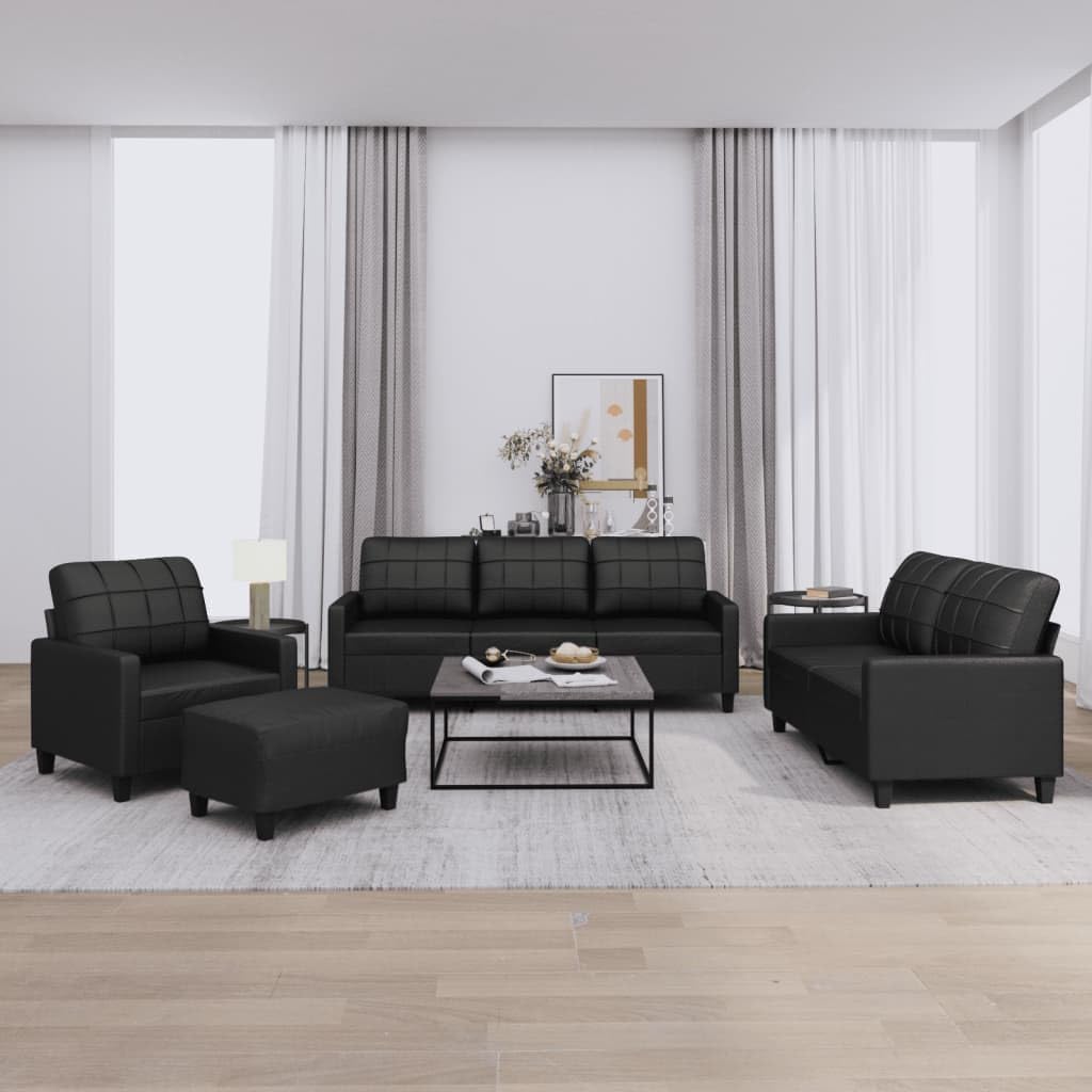 vidaXL 4-Piece Sectional Sofa Set with Cushions - Black Faux Leather - Includes Single Sofa, 2/3-Seaters, Footstool