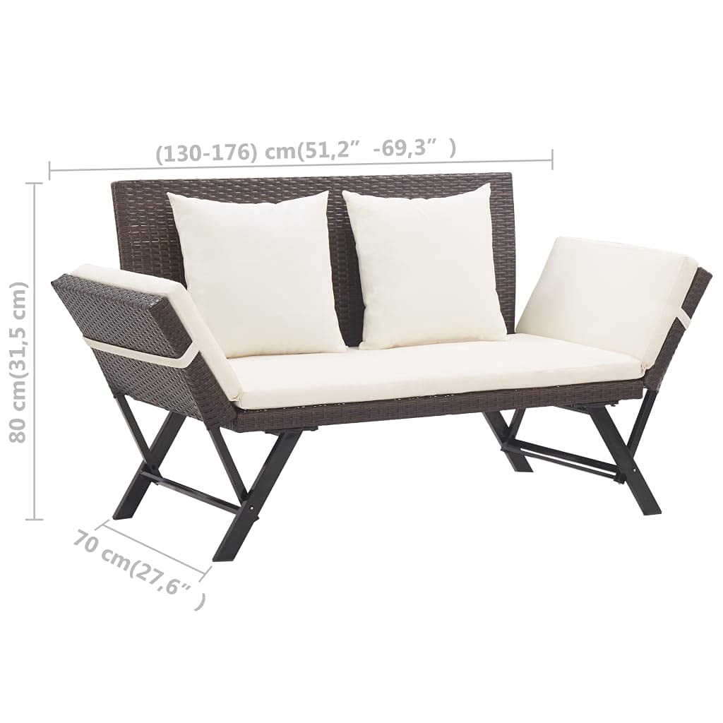 vidaXL Convertible Patio Bench to Day Bed in Brown Poly Rattan with Comfortable Cushions, Adjustable Sides and Durable Steel Frame