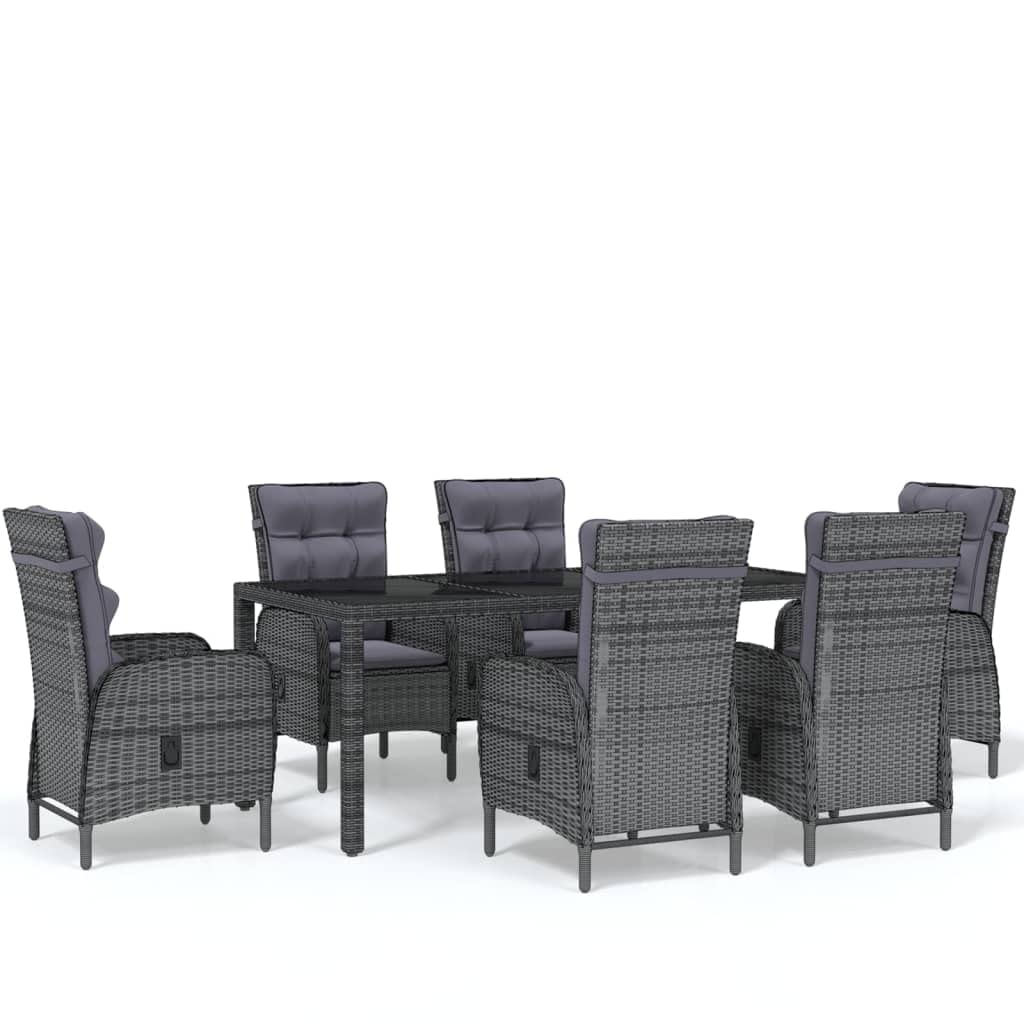 vidaXL Patio Dining Set 7 Piece Garden Outdoor Lawn Yard Terrace Balcony Reclining Table and Chair Seat Seating Recliner Furniture Poly Rattan Gray
