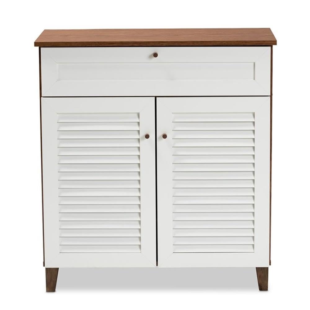 Baxton Studio Coolidge White and Walnut 4-Shelf Wood Shoe Cabinet with Drawer