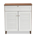 Baxton Studio Coolidge White and Walnut 4-Shelf Wood Shoe Cabinet with Drawer