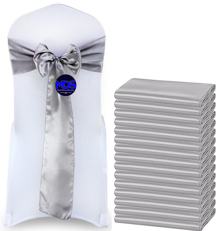 Mds Pack Of 75 Pcs Satin Chair Sashes Charmeuse Sateen Dining Chair Bows Ribbon Ties Back Sash For Wedding Party Birthday Home Hotel Restaurant Banquet Decoration (7 X 108 Inch, Silver Grey)