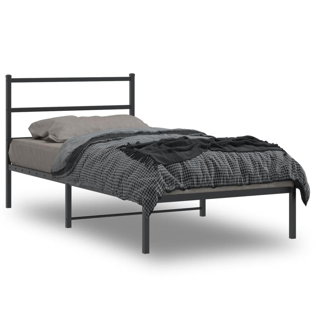 vidaXL Black Metal Bed Frame-Single Bed with Headboard, Steel Construction, 81.5x41.3x35.4 Inches, Ample Under-Bed Storage