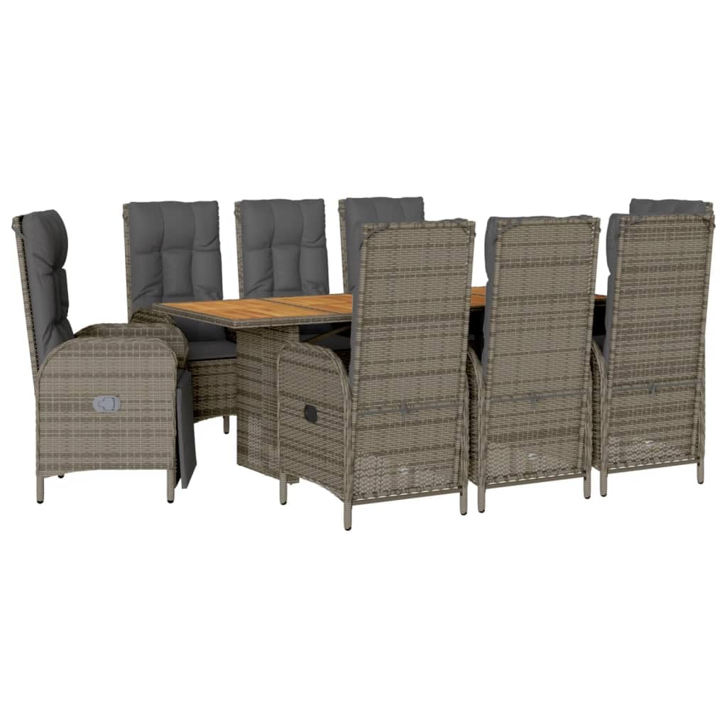 vidaXL - 9 Piece Patio Dining Set - Poly Rattan Garden Table and Chairs w/Cushions Gray - Adjustable Reclining Chairs - Acacia Wood Top