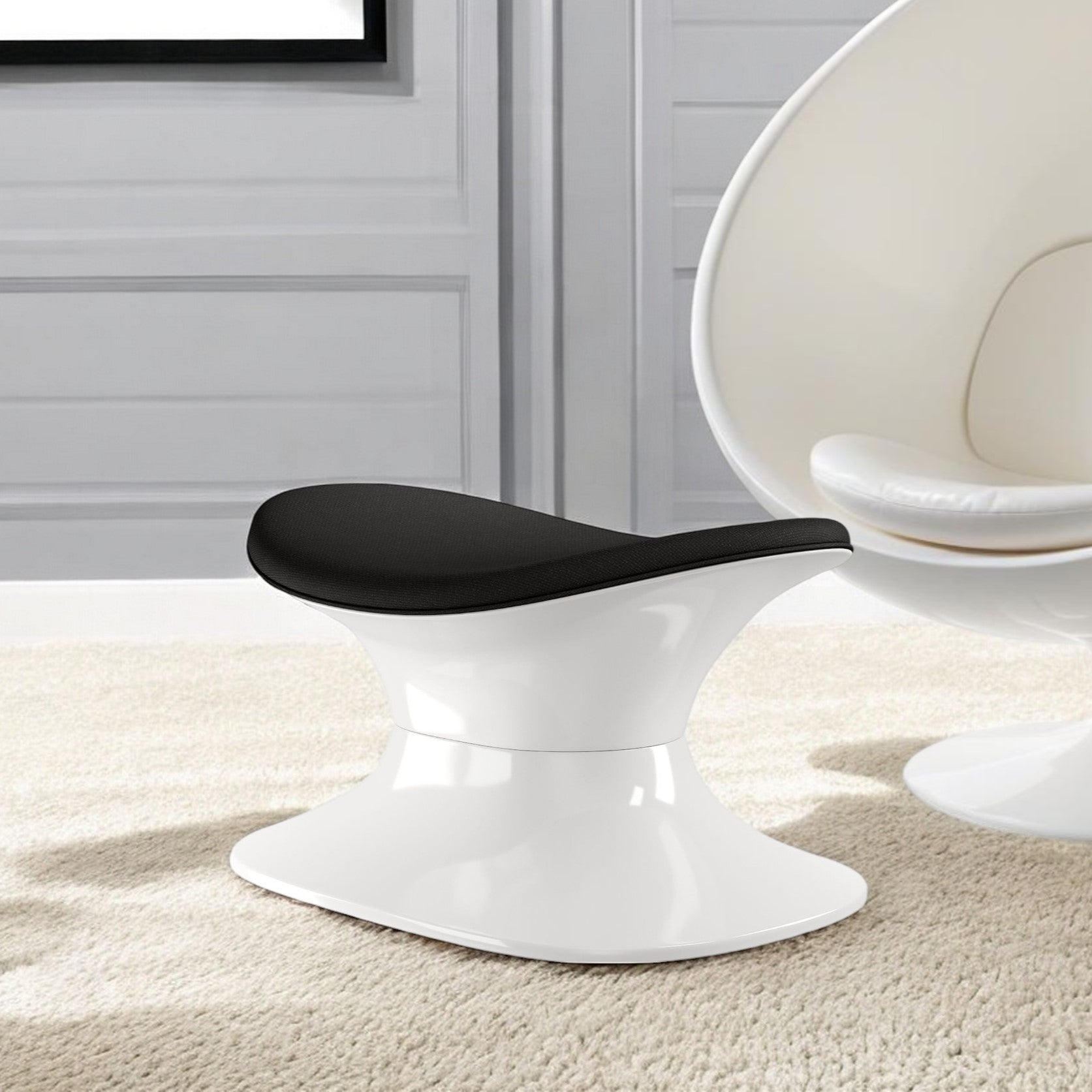21 Black and White Wool And Fiberglass Contempo Footstool Ottoman