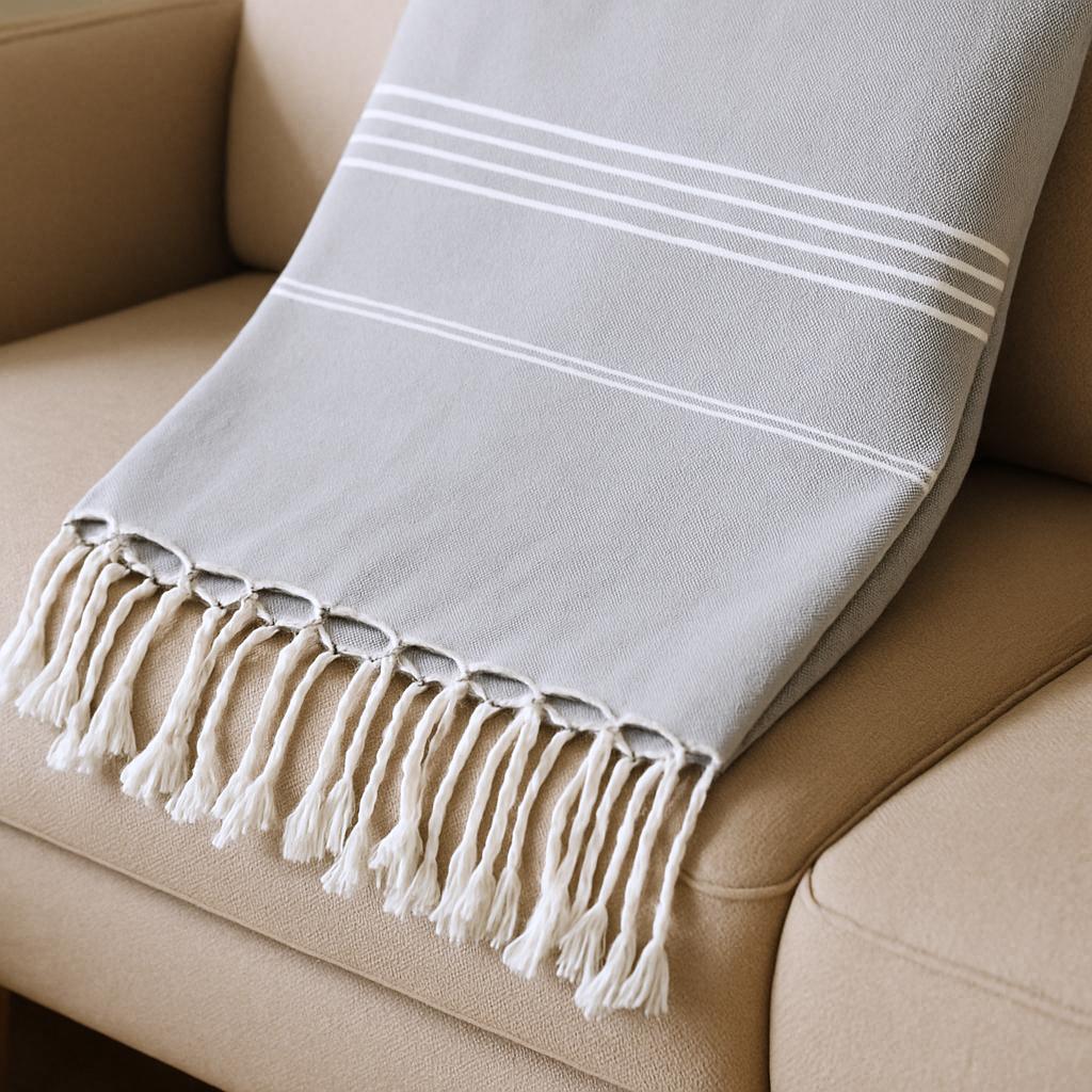 39 X 71 Gray Cotton Knitted Striped Turkish Towel Throw Blanket with Fringe