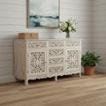 66 White Distressed Solid Wood Carved Floral Six Drawer Sideboard With Two Doors