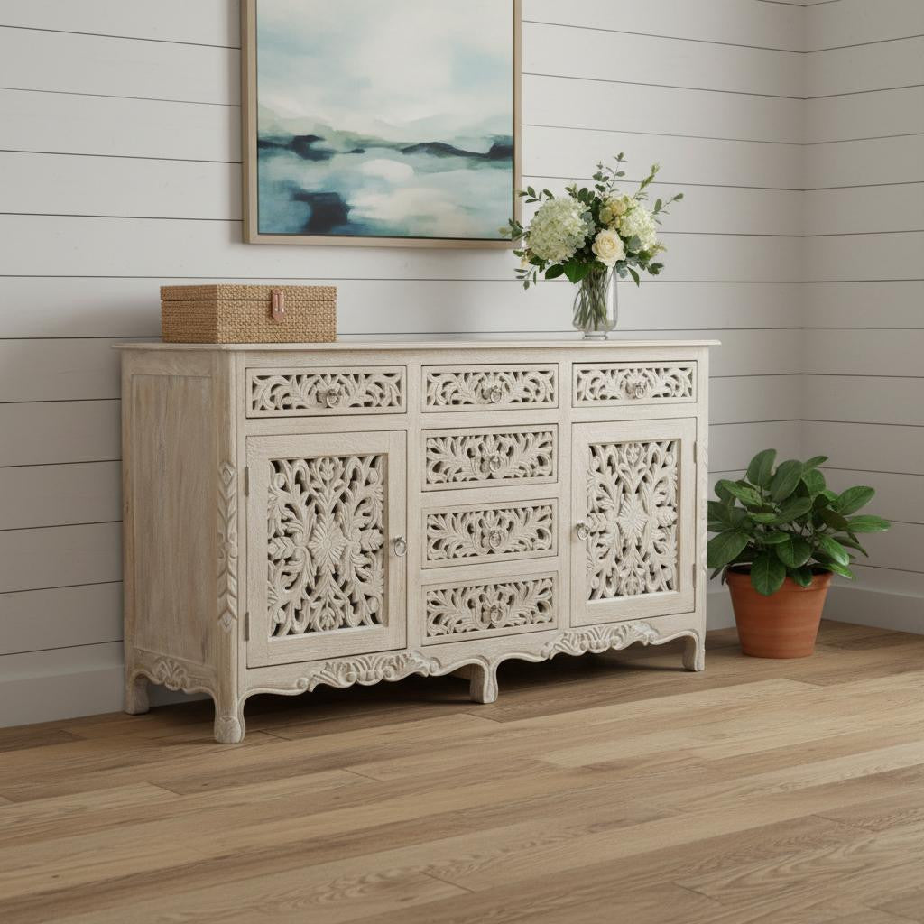 66 White Distressed Solid Wood Carved Floral Six Drawer Sideboard With Two Doors