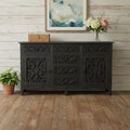 66 Black Distressed Solid Wood Carved Floral Six Drawer Sideboard With Two Doors