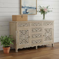 66 Gray Distressed Solid Wood Carved Floral Six Drawer Sideboard with Two Doors