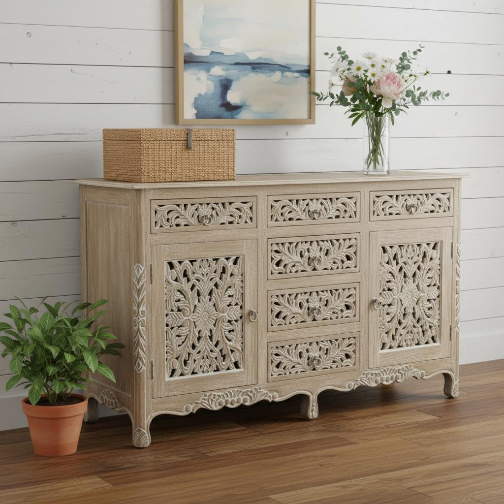 66 Gray Distressed Solid Wood Carved Floral Six Drawer Sideboard with Two Doors