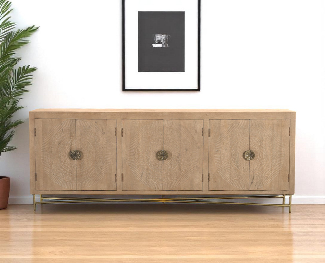 95 Natural And Antiqued Gold Solid Wood Carved Geometric Sideboard with Six Doors