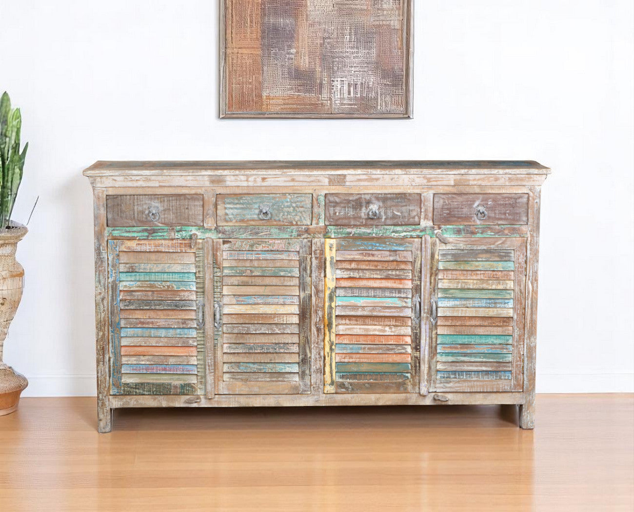 72 Natural And Rainbow Reclaimed Wood Shutter Style Sideboard with Four Doors