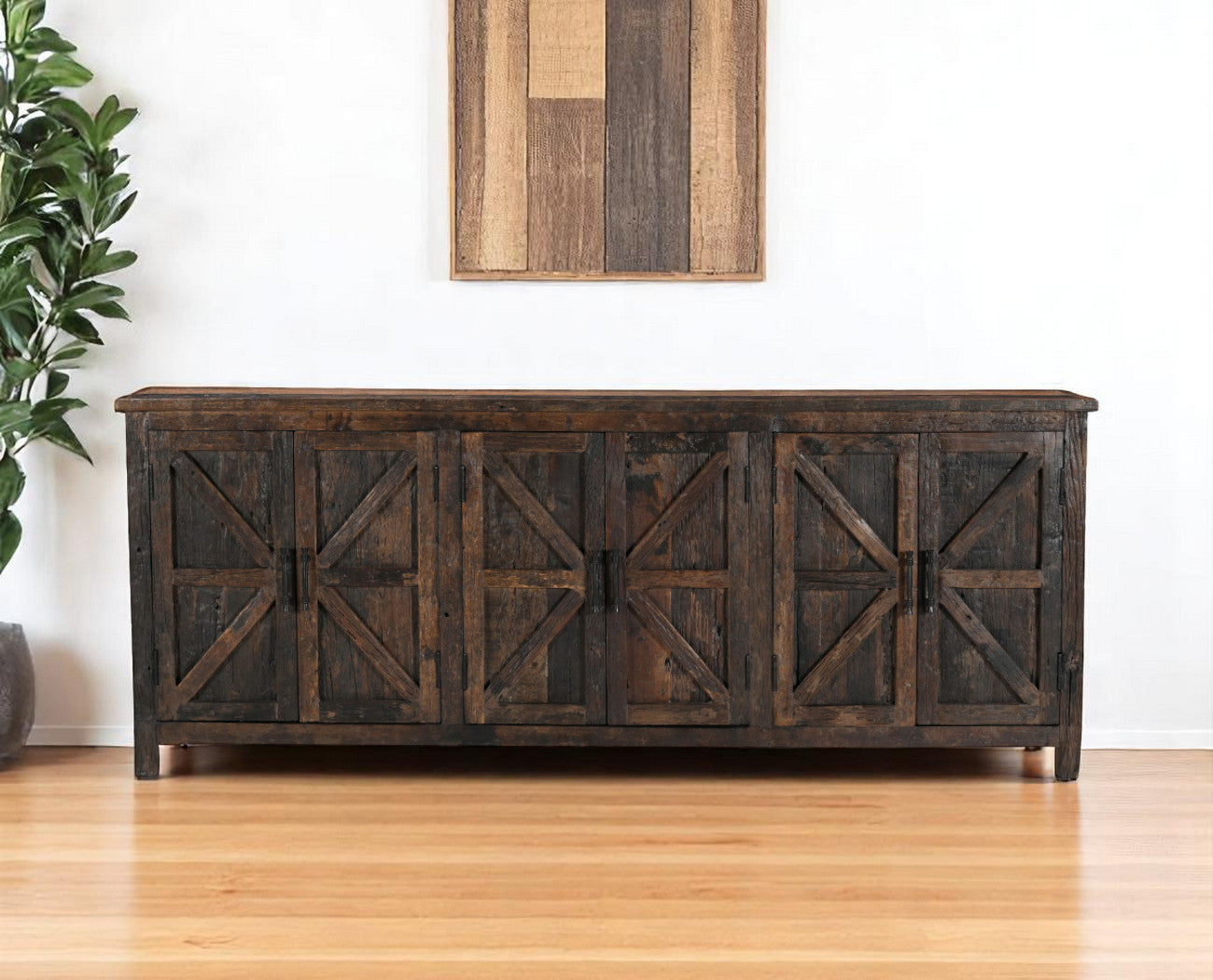 84 Dark Brown Distressed Reclaimed Wood Paneled Sideboard with Six Doors