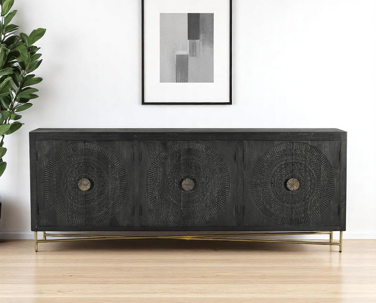 95 Black Distressed Solid Wood Carved Geometric Sideboard with Six Doors