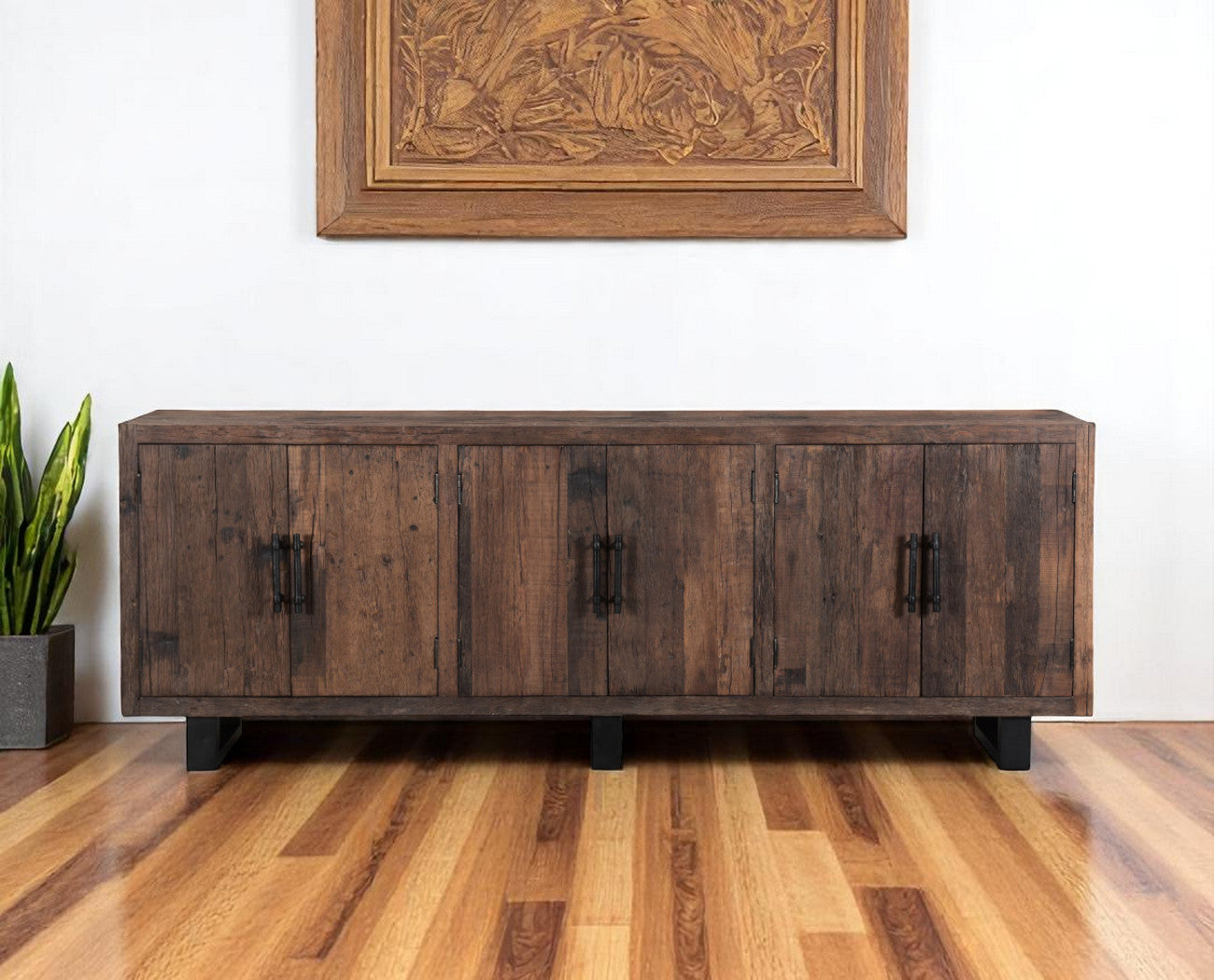 100 Dark Brown Distressed Reclaimed Wood Sideboard with Six Doors