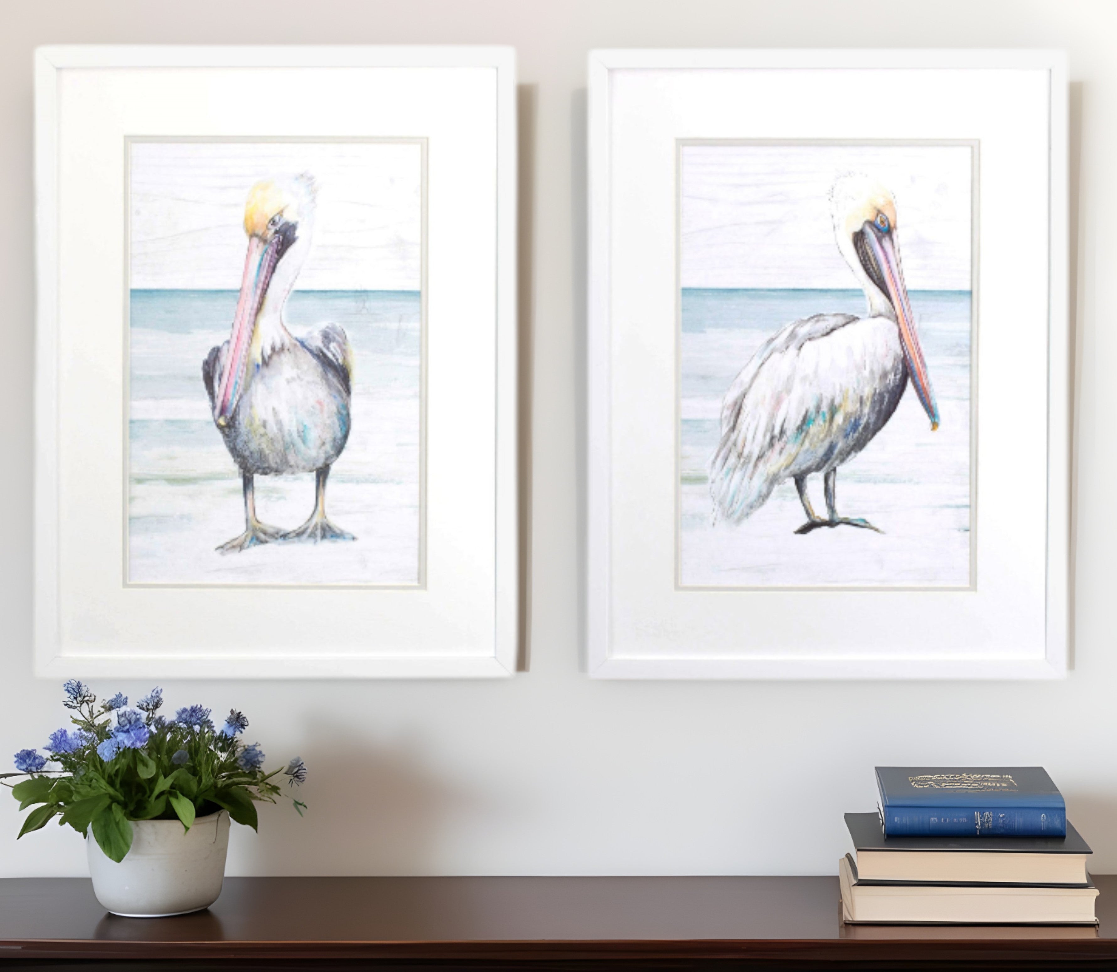 Set Of Two Pelican on the Shore White Framed Print Wall Art